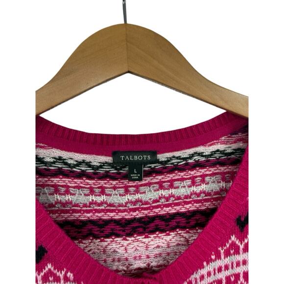 Talbots Cardigan Women’s Pink Lambs Wool Sweater Fair Isle Stripe Nordic Large - Picture 2 of 6